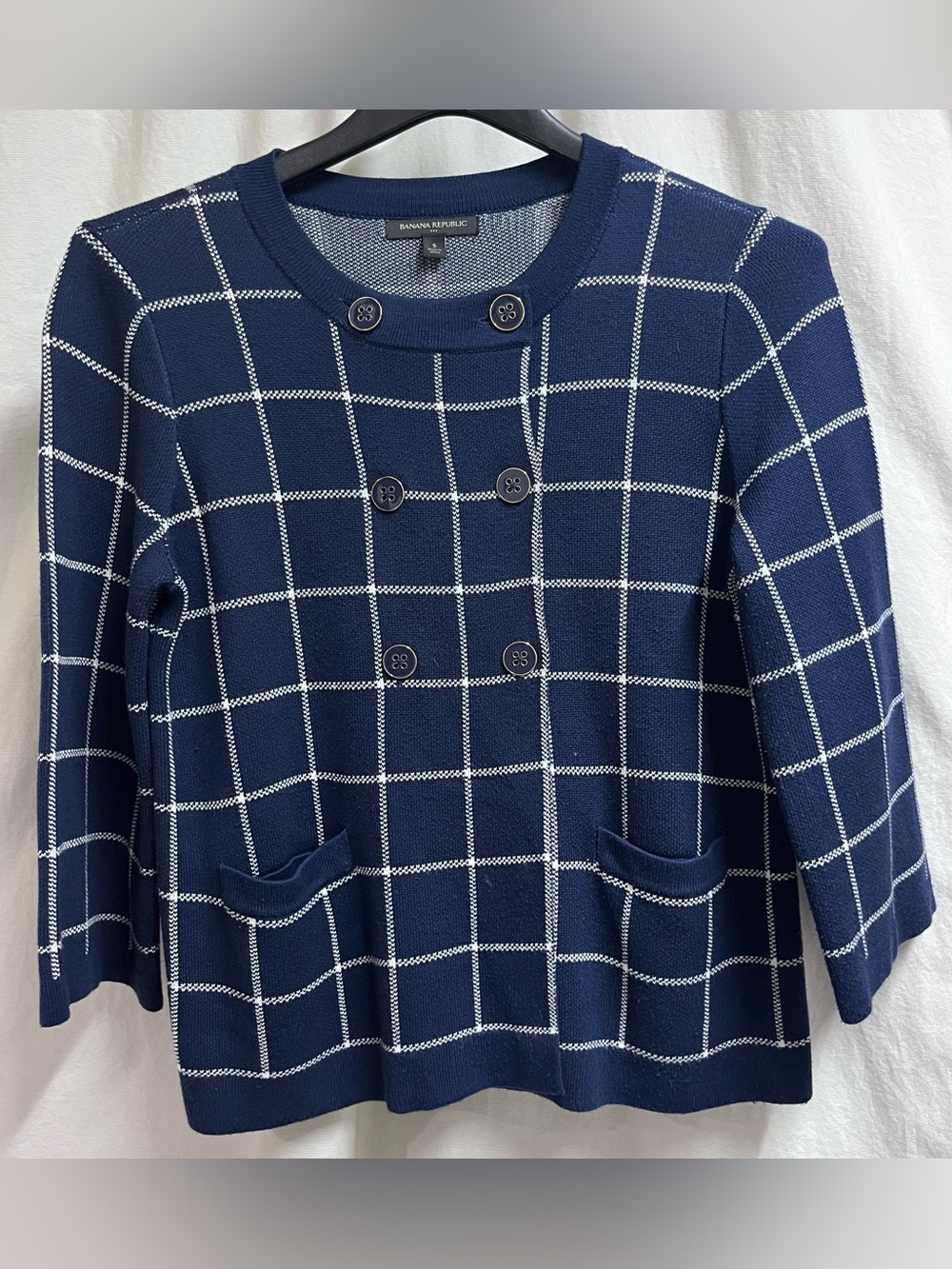 Banana Republic Navy & White Navy Grid Double Breasted Sweater Jacket-S Preppy